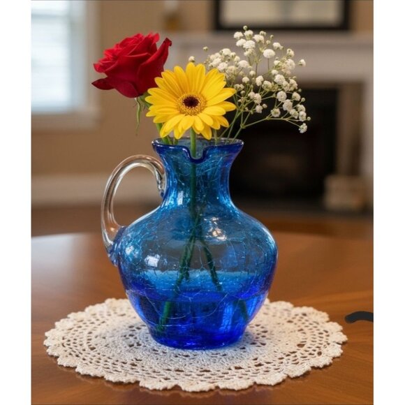 Vintage Pilgrim Glass blue crackle mini pitcher Posey vase with clear handle, 4 - Picture 1 of 7
